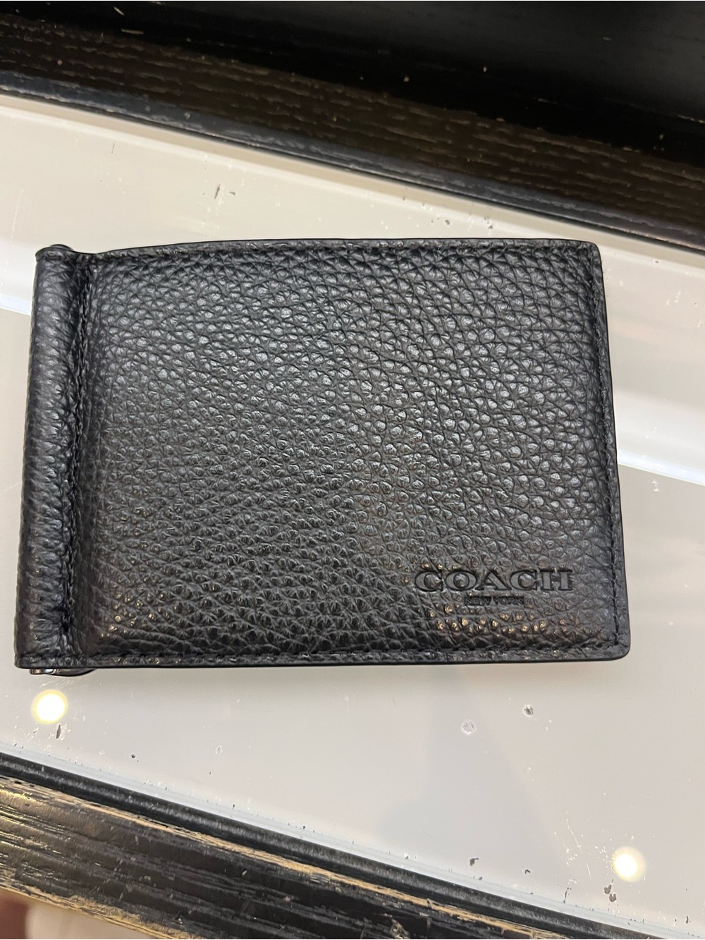 Coach Signature Black pebble leather Money Clip Wallet bi- fold cards wallet